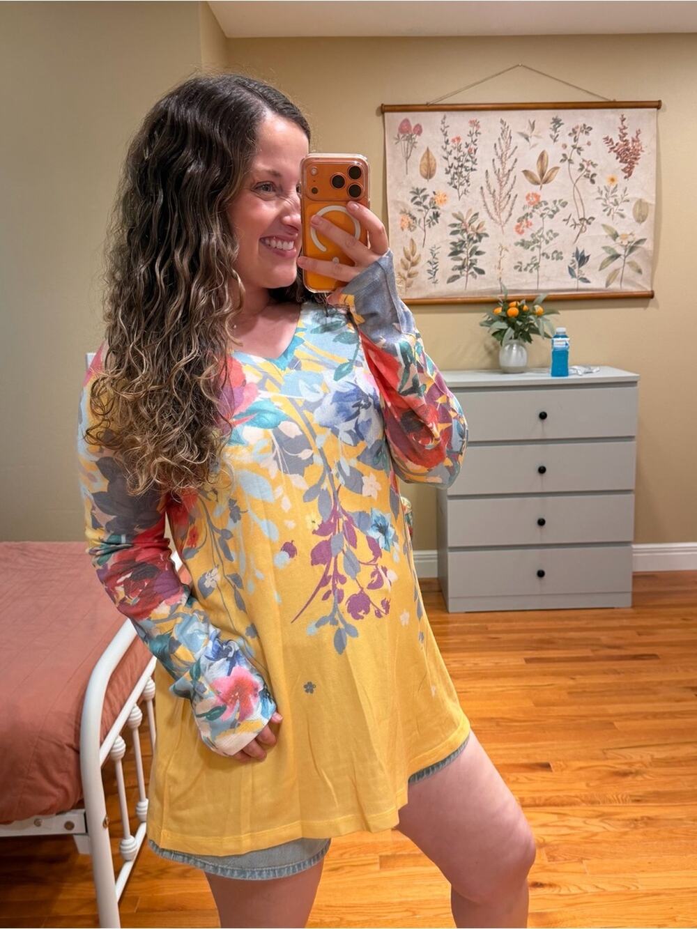 Soft Surroundings Yellow Floral Long-Sleeve V-Neck Tunic Sweater Medium